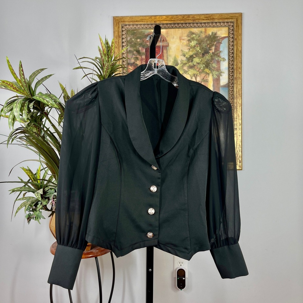 SHEIN Curve Blazer Top Women 2XL Black Polyester Sheer Puff Sleeve Button Front